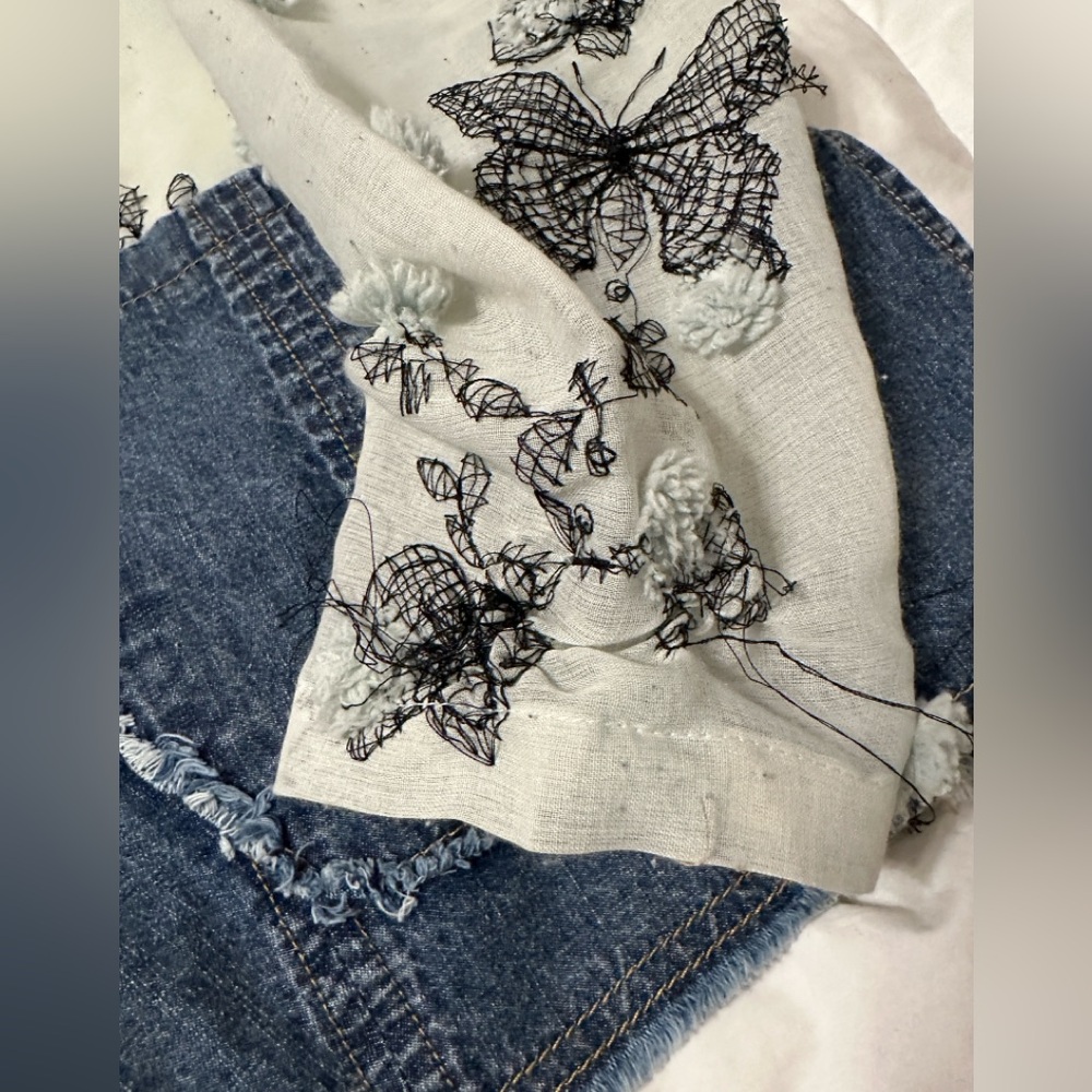Adore Blue Embroidered Mixed Media Jean Jacket - NWT - Size M oversized - Picture 11 of 14